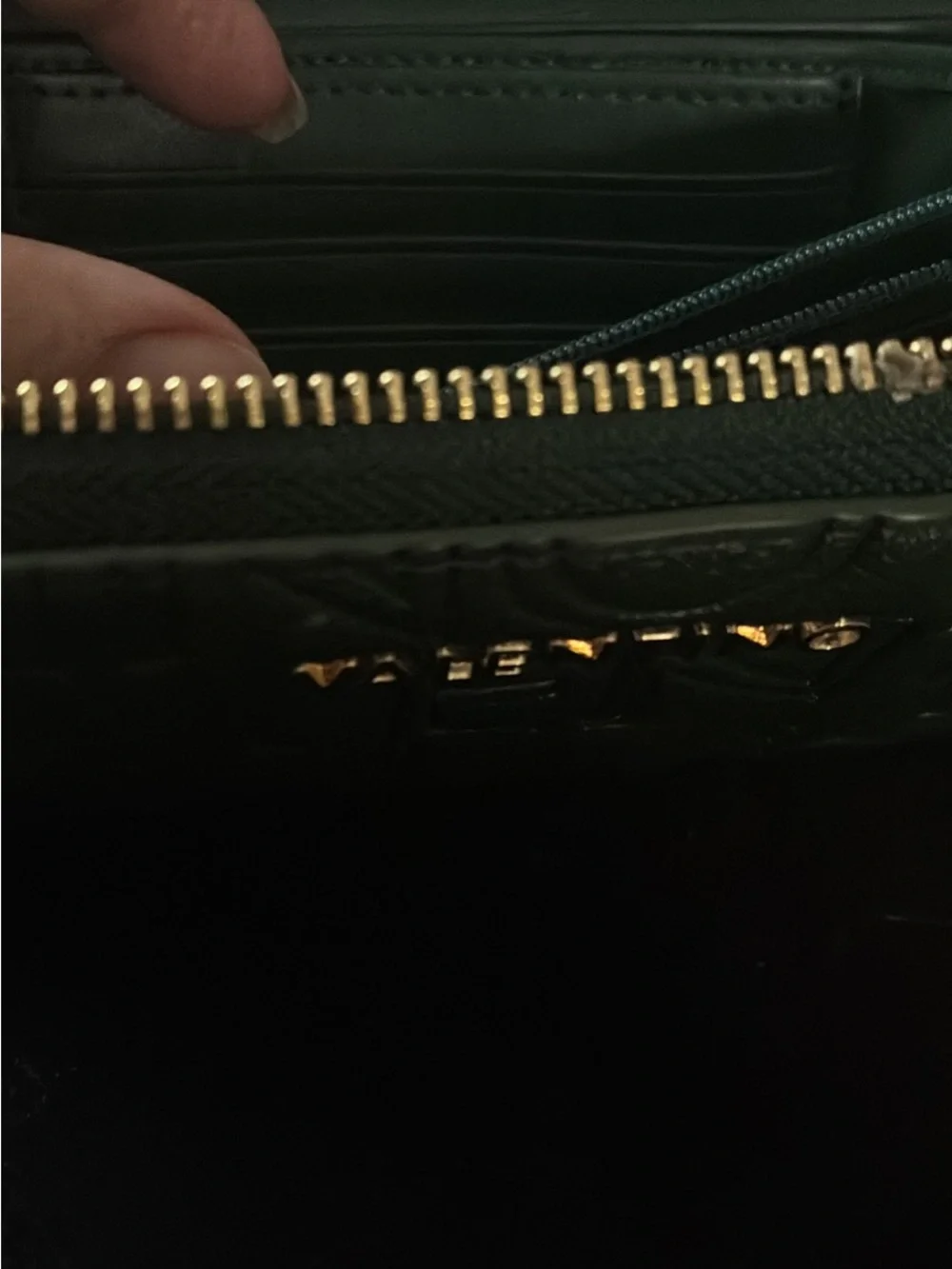 Mario Valentino Dark Green Embossed Zip-Around Wallet with Gold Logo
